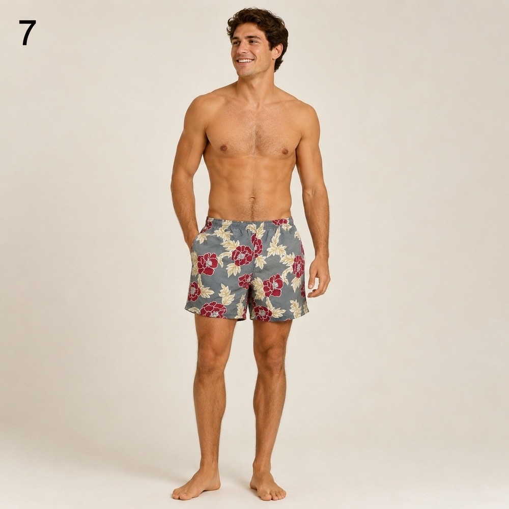 Men's Floral Swim Trunks in Gray with Red Hibiscus